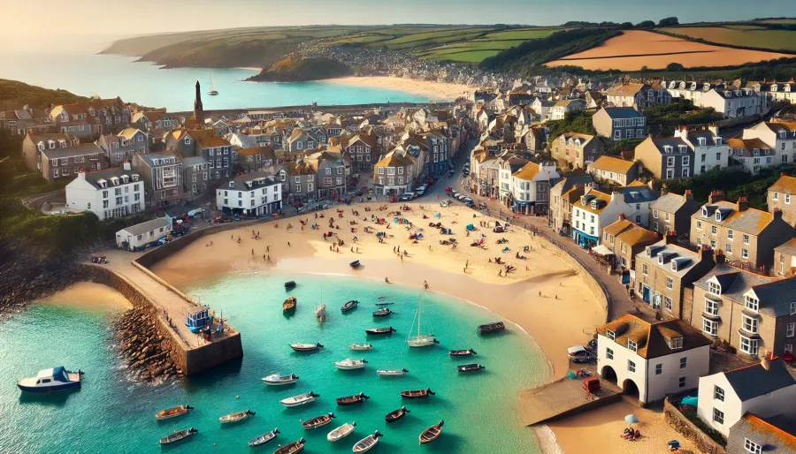 An aerial view of St Ives, Cornwall, showing the town's colorful houses, sandy beach, and boats in the harbor.