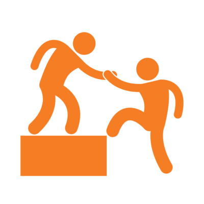 Two orange stick figures, one standing on a platform and helping the other up.