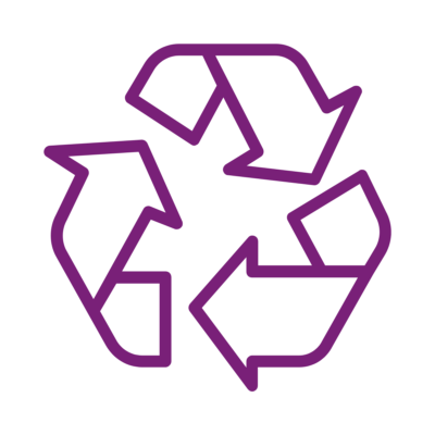 A purple line drawing of a recycling logo