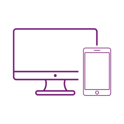 A purple line drawing of a desktop computer and a smartphone, side by side.