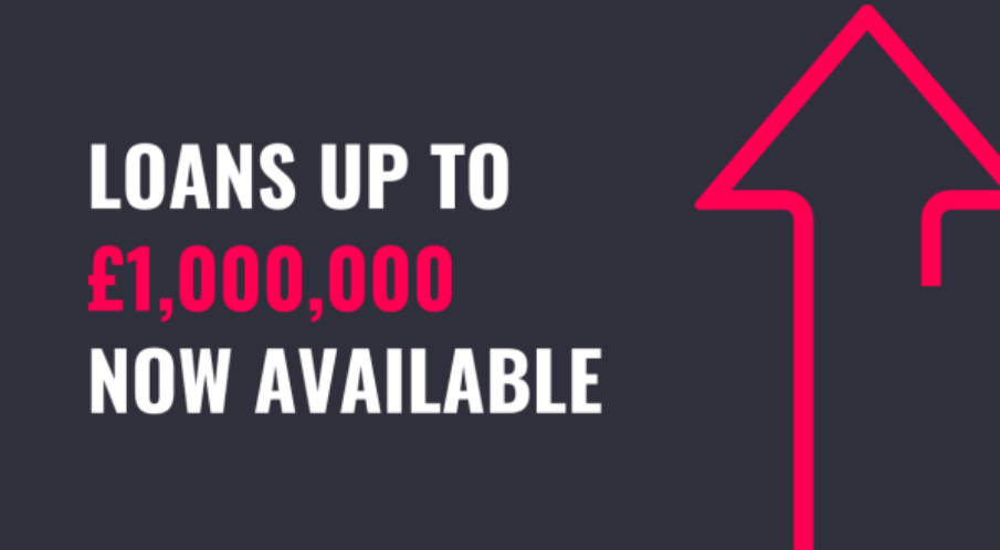 Text on a dark background that says "Loans up to £1,000,000 Now Available" with a red upward arrow next to it.