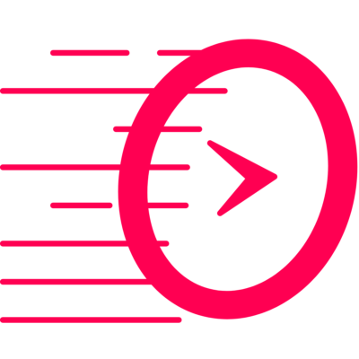 A pink and black icon featuring a clock with an arrow