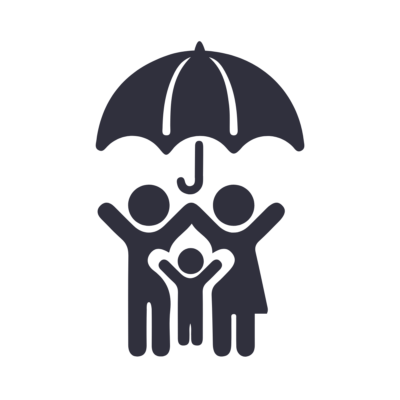 An umbrella icon sheltering a family