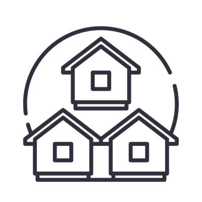 Icon of 3 houses inside a circle.