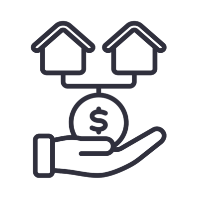 A hand grasping a dollar coin alongside two small houses