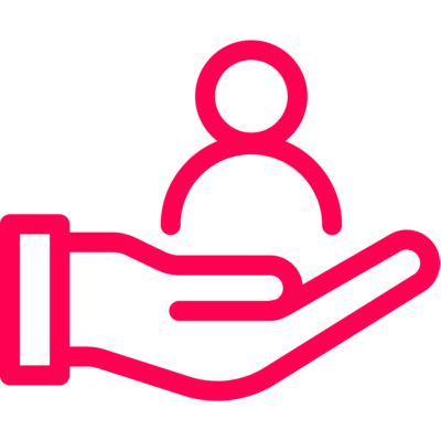 A pink icon depicting a hand holding a person