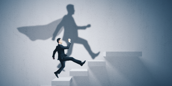 Side view of young hero businessman climbing concrete stairs. Confidence and career concept. 3D Rendering