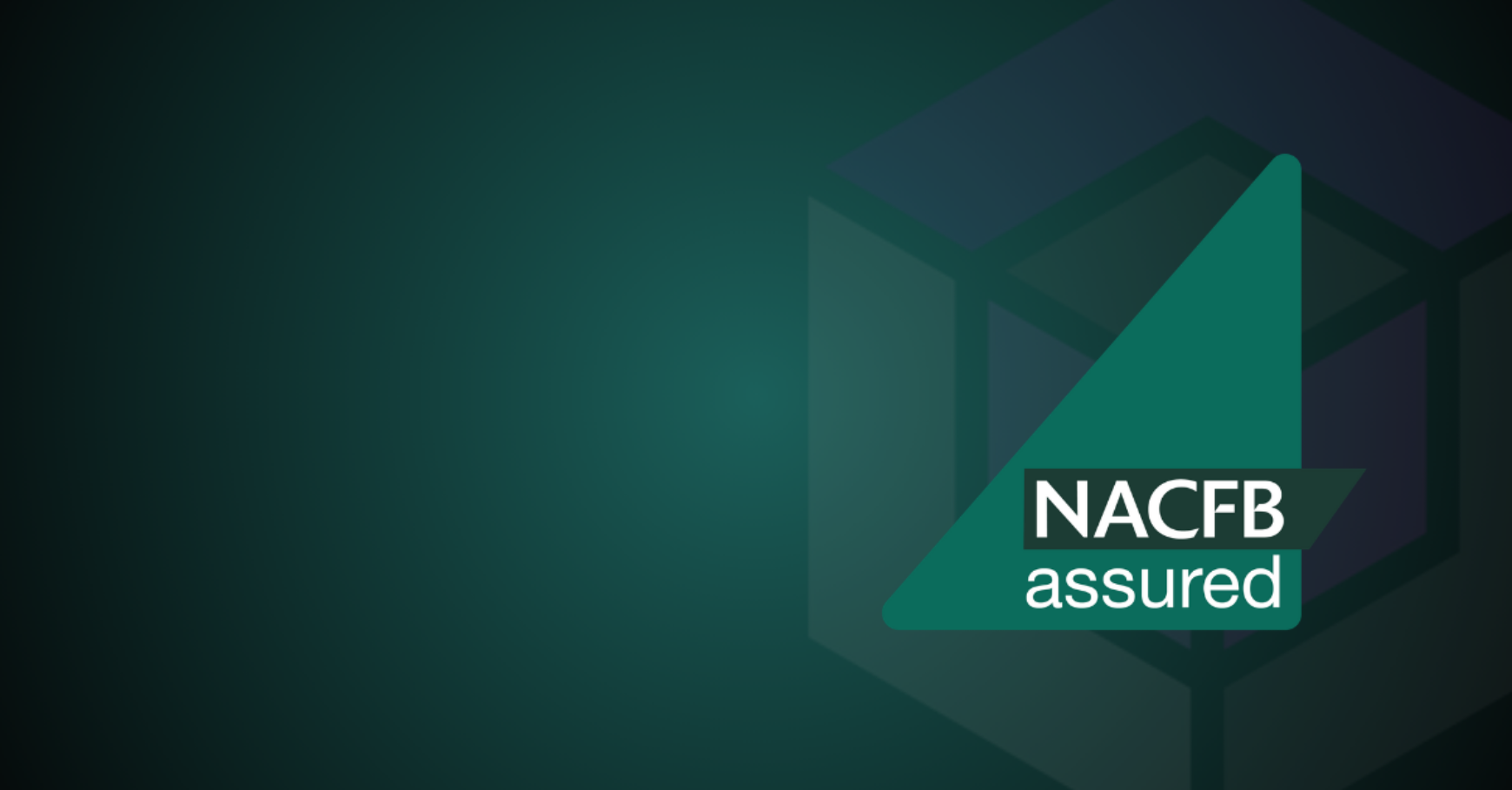 The NACFB assured logo on a dark green background with a faint geometric cube pattern.